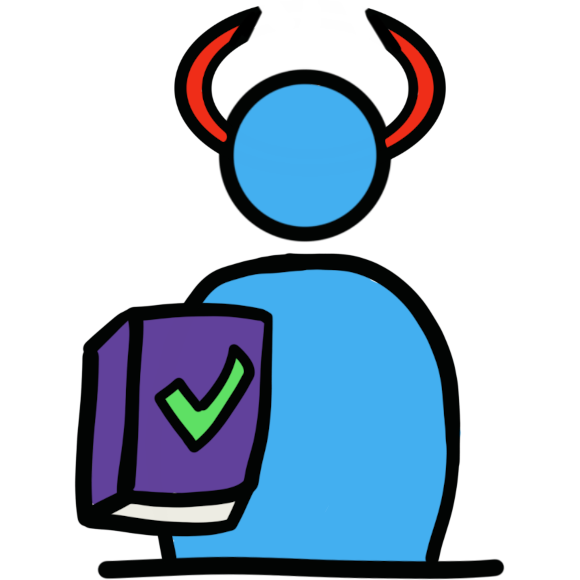 a blue figure with red horns holding a purple book with a green check mark.